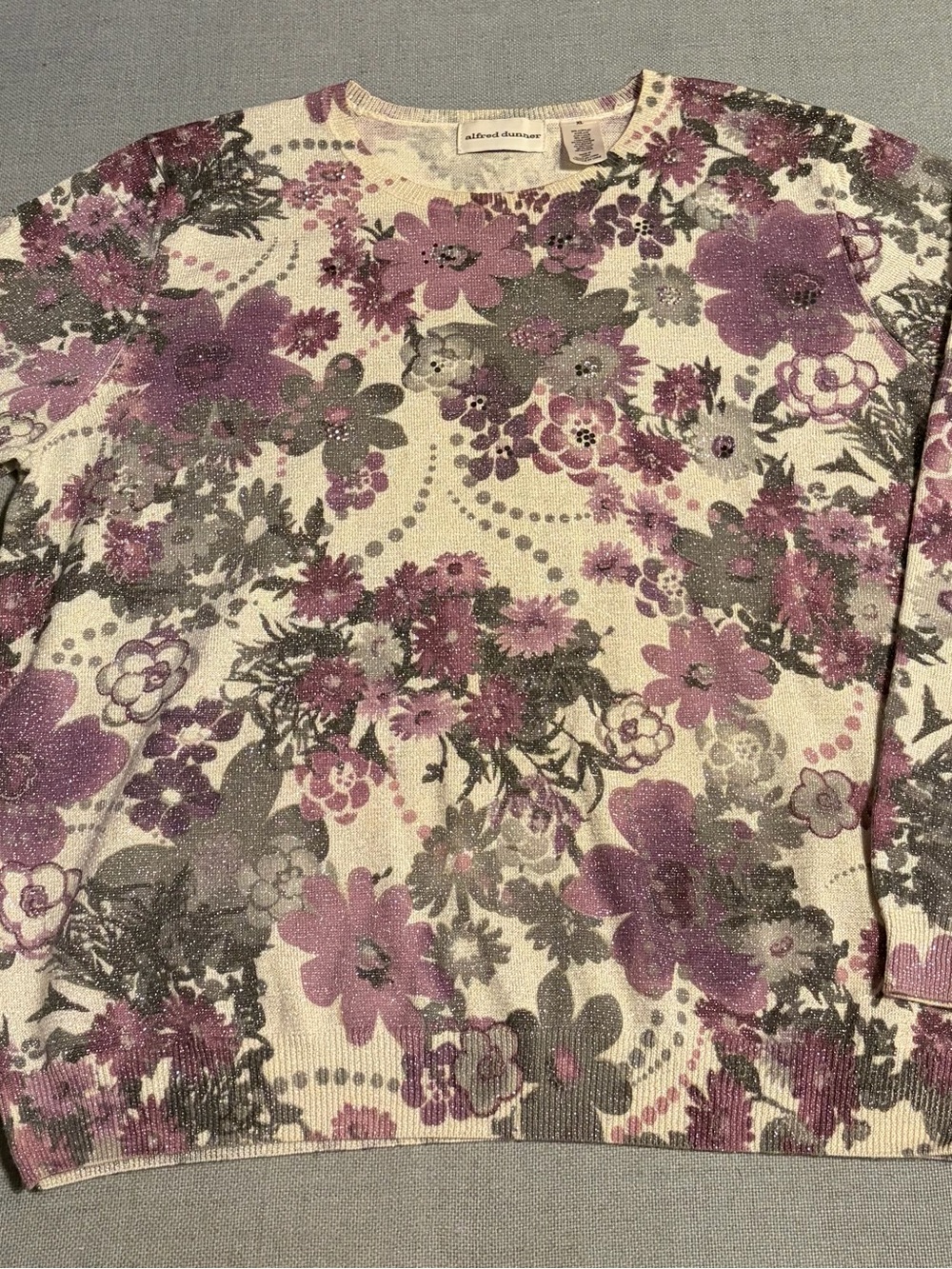 Alfred Dunner Purple and Gray Floral Crewneck Sweater